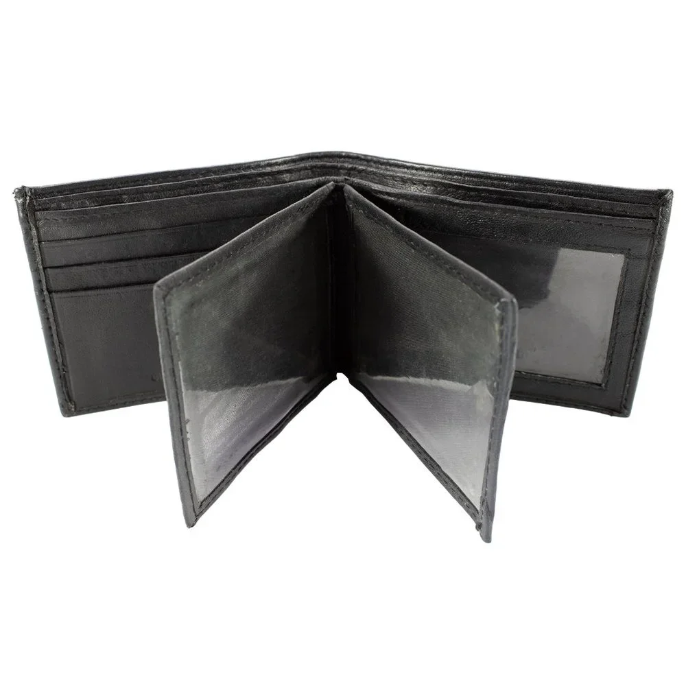 Men Lambskin Leather Wallet with Bifold 2 Center Flap, Black